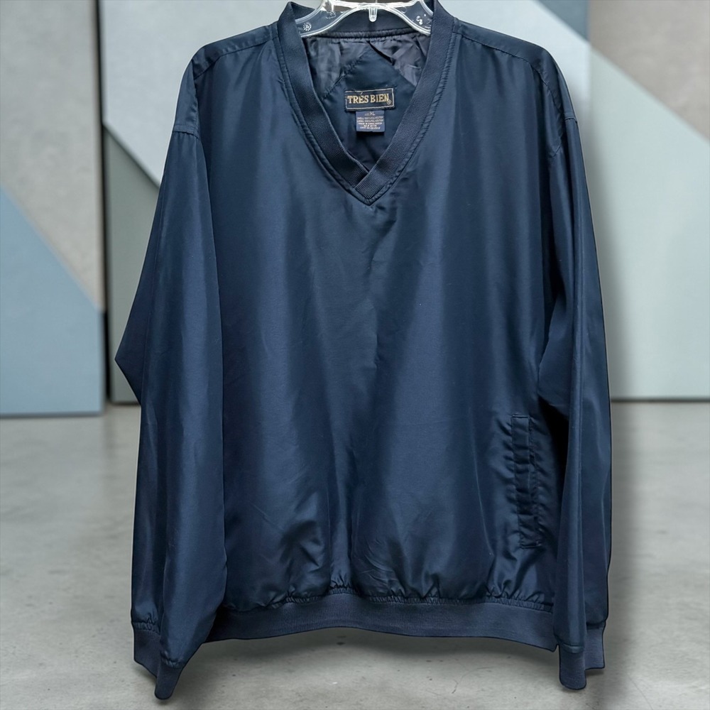 Tres Bien Mens Navy Blue V-Neck Pullover Windbreaker‎ Jacket XL Golf